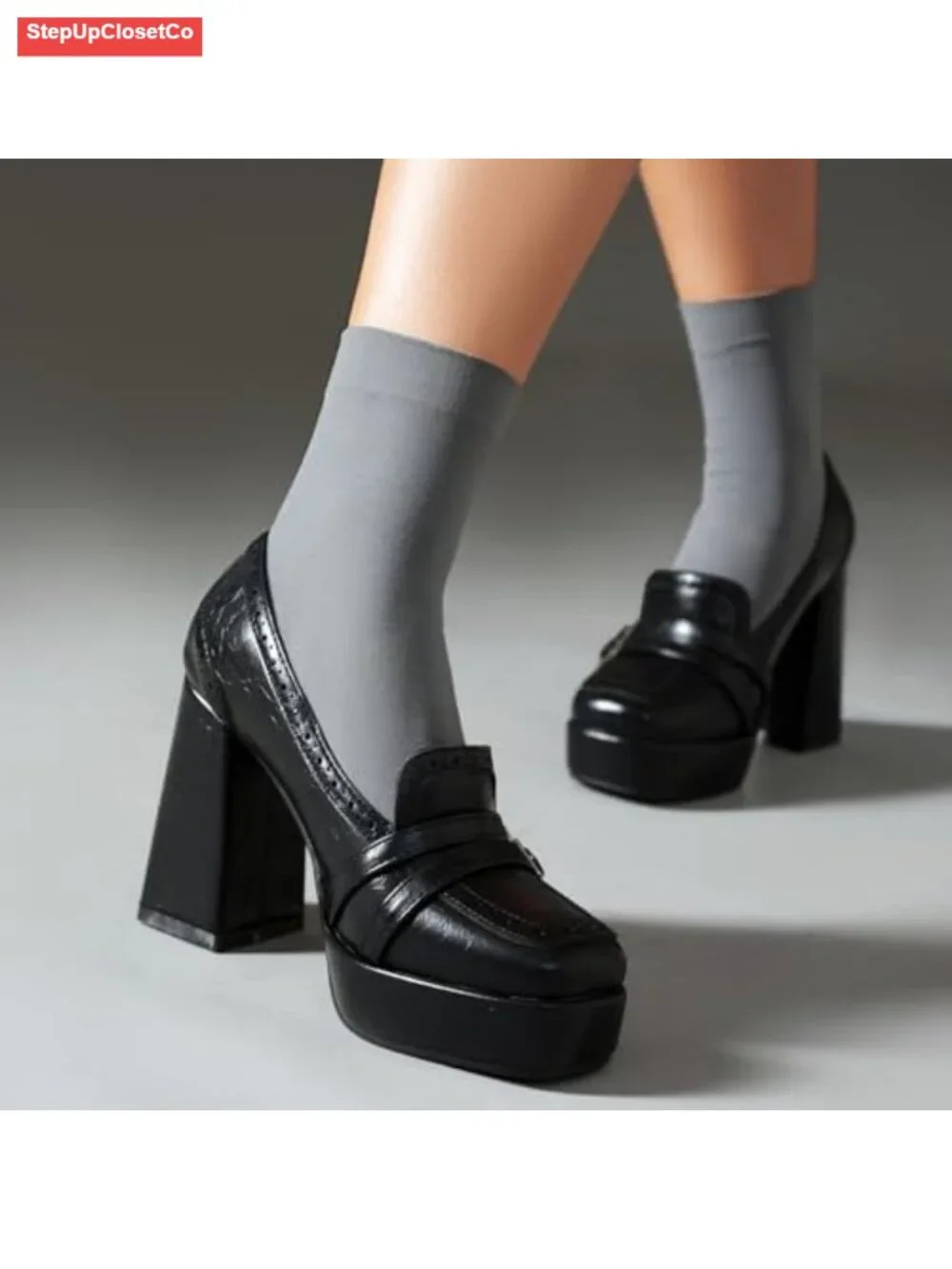 Retro Square Toe Chunky High Heel Brogue Loafers Comfortable Slip On Platform